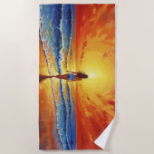 女の子の日没ビーチ歩く海波の装飾 ビーチタオル (正面)