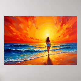 女の子の日没ビーチ歩く海波の装飾 ポスター