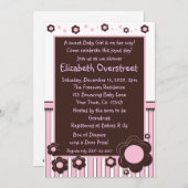 女の子の明るいピンク及びモダンなブラウンのデイジーの花のシャワー 招待状 (正面/裏面)