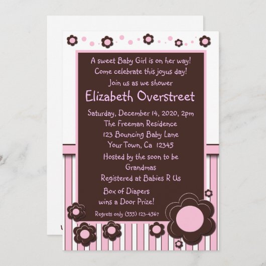 女の子の明るいピンク及びモダンなブラウンのデイジーの花のシャワー 招待状 (正面/裏面)