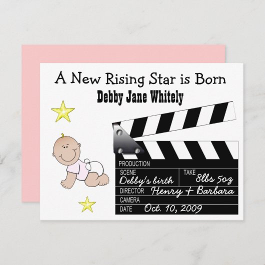 女の子の映画俳優のベビーの発表 案内状 (正面/裏面)