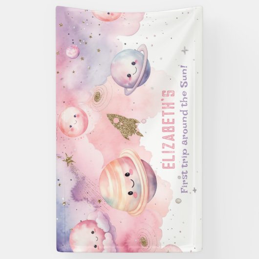 女の子の最初の旅のまわりに太陽の惑星の誕生日 横断幕 (縦)