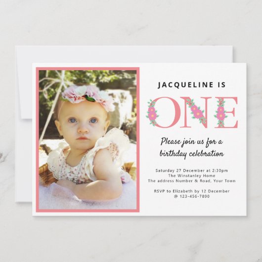 女の子の最初の誕生日の写真 招待状 (正面)