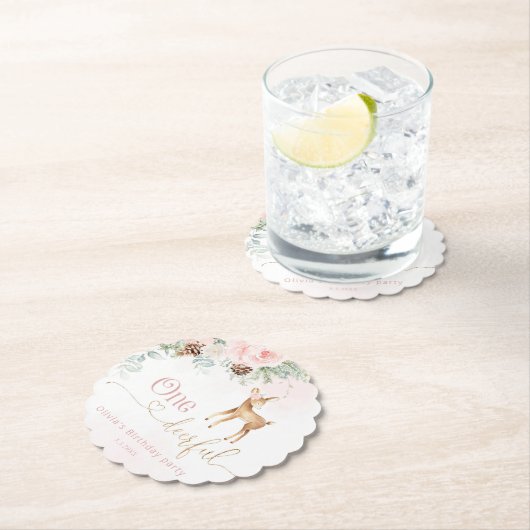 女の子の最初の誕生日の冬1鹿の誕生日 ペーパーコースター (インサイチュ)