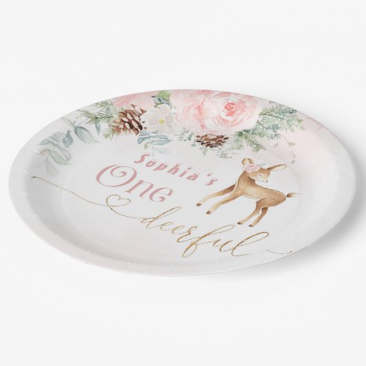 女の子の最初の誕生日の冬1鹿の誕生日 ペーパープレート (アングル)