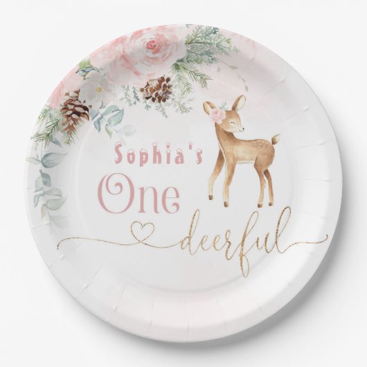 女の子の最初の誕生日の冬1鹿の誕生日 ペーパープレート (正面)