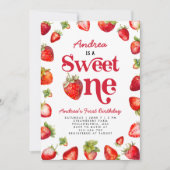 女の子の最初の誕生日 ストロベリー スウィート ワン 招待状 (正面)