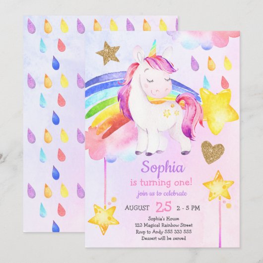 女の子の最初の誕生日 ユニコーン レインボー 水彩 招待状 (正面/裏面)