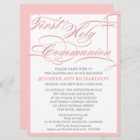 女の子の最初聖餐の招待状-ピンク及びモダン 招待状 (正面/裏面)