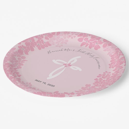 女の子の最初聖餐式の紙皿、花柄 ペーパープレート (アングル)