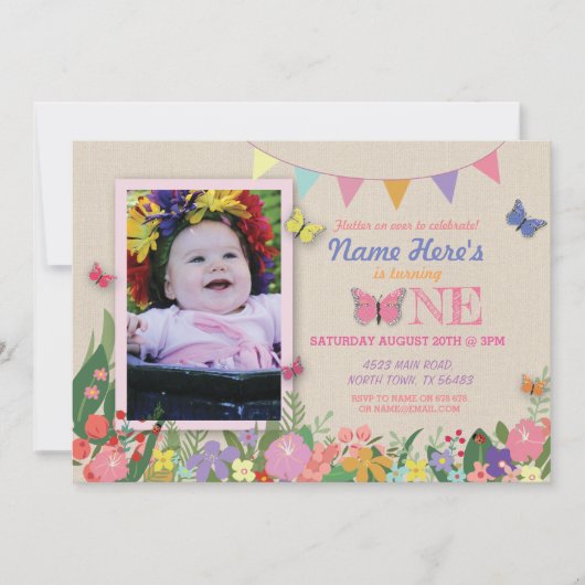 女の子の最初蝶庭1誕生日の招待 招待状 (正面)