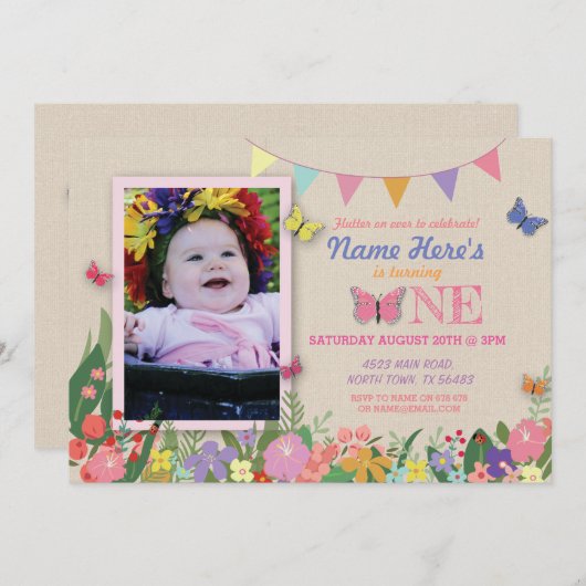 女の子の最初蝶庭1誕生日の招待 招待状 (正面/裏面)