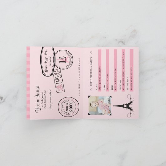 女の子の最初誕生日のパリのパスポートの招待状 招待状 (内部)