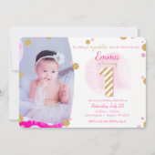 女の子の最初誕生日のピンクの金ゴールドのきらめく招待状 招待状 (正面)