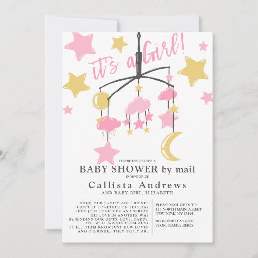女の子の月が携帯のベビーシャワーをメールで始める 招待状 (正面)