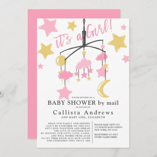 女の子の月が携帯のベビーシャワーをメールで始める 招待状 (正面/裏面)