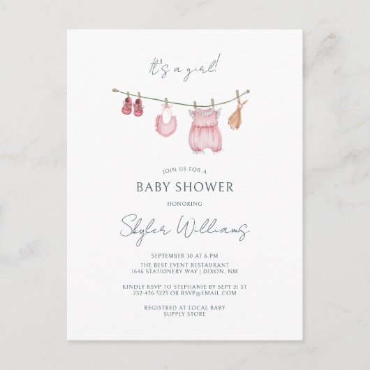 女の子の服シンプル水彩赤ちゃんシャワー ポストカード (正面)