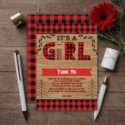 女の子の木の格子状の赤素朴ちゃんシャワーだ サンキューカード