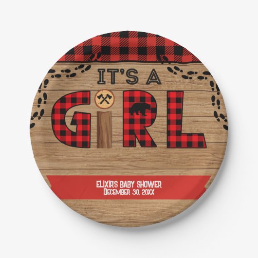 女の子の木の格子状の赤素朴ちゃんシャワーだ ペーパープレート (正面)