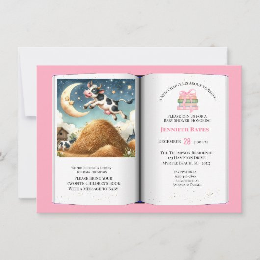 女の子の本テーマ赤ちゃんシャワー月の上に牛 招待状 (正面)