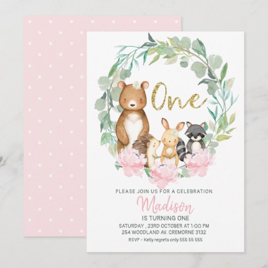 女の子の森のリースの1歳の誕生日招待状 招待状 (正面/裏面)