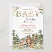 女の子の森の花の動物 赤ちゃん 招待状 (正面)