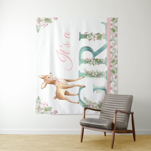 女の子の森の鹿のベビーシャワーバナー背景 タペストリー (インサイチュ)