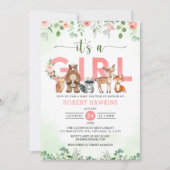 女の子の森林の森の動物のベビーシャワー 招待状 (正面)