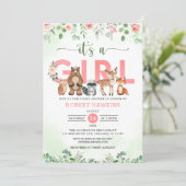 女の子の森林の森の動物のベビーシャワー 招待状 (スタンド正面)