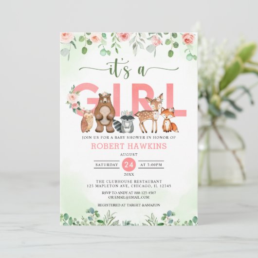 女の子の森林の森の動物のベビーシャワー 招待状 (スタンド正面)