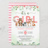 女の子の森林の森の動物のベビーシャワー 招待状 (正面/裏面)