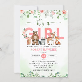女の子の森林の森の動物のベビーシャワー 招待状