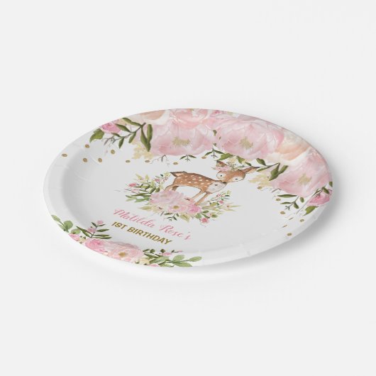 女の子の森林シカのピンクの花の森林雌ジカの誕生日 ペーパープレート (アングル)