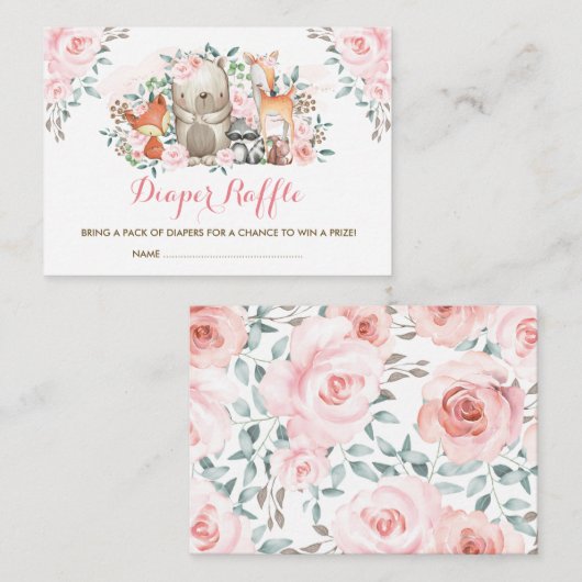 女の子の森林ピンクのバラのベビー動物のおむつのラッフル エンクロージャーカード (正面/裏面)