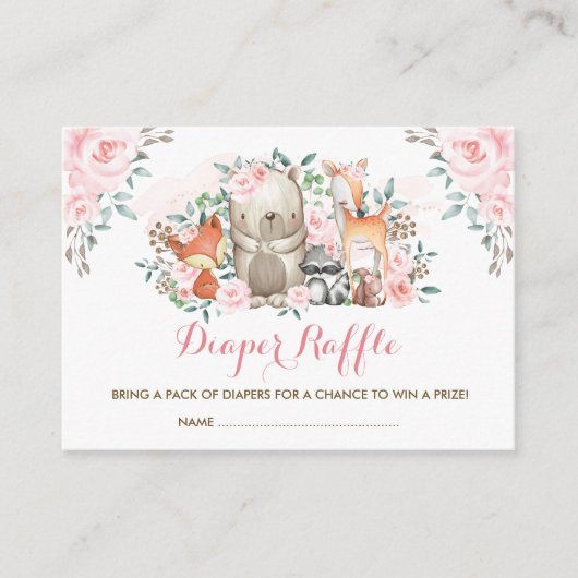 女の子の森林ピンクのバラのベビー動物のおむつのラッフル エンクロージャーカード (正面)