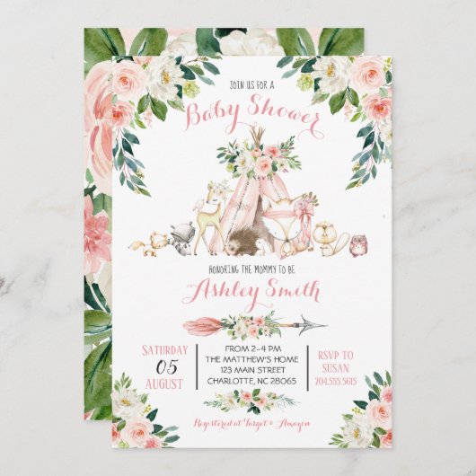 女の子の森林ベビーシャワー招待状 招待状 (正面/裏面)