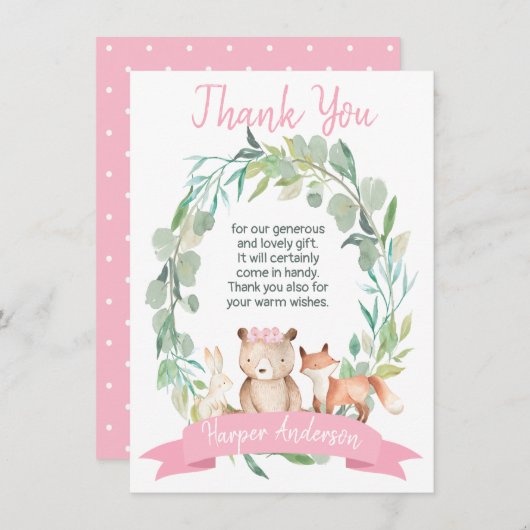 女の子の森林リースのベビーシャワーのサンキューカード 招待状 (正面/裏面)