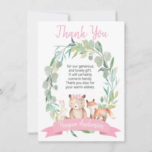 女の子の森林リースのベビーシャワーのサンキューカード 招待状 (正面)