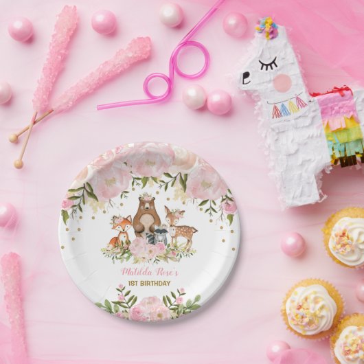 女の子の森林動物のピンクの花の森林誕生日 ペーパープレート (パーティー)