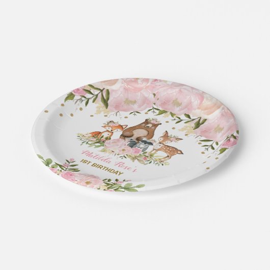 女の子の森林動物のピンクの花の森林誕生日 ペーパープレート (アングル)