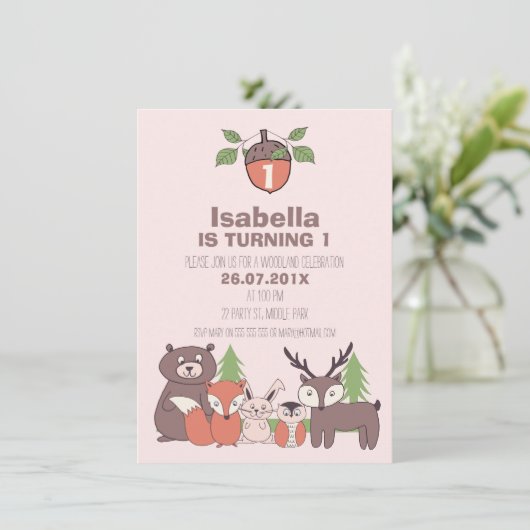 女の子の森林誕生日のパーティの招待状 招待状 (スタンド正面)