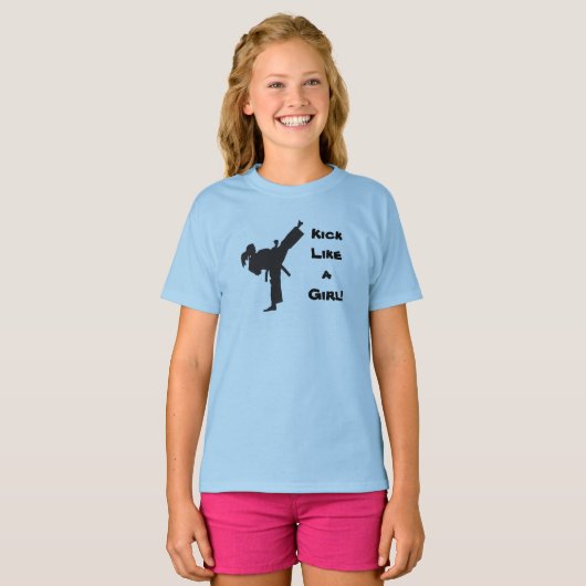 女の子の武道のテコンドーのポニーテールのような蹴り Tシャツ (正面フル)