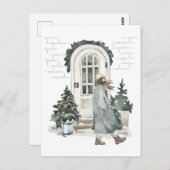 女の子の歩くは、冬の通りで ポストカード (正面/裏面)