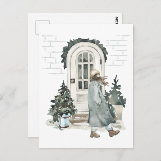 女の子の歩くは、冬の通りで ポストカード (正面/裏面)