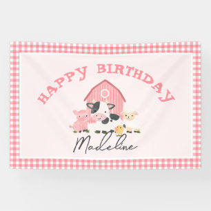 女の子の気まぐれなかわいいピンクの農場の動物の誕生日 横断幕