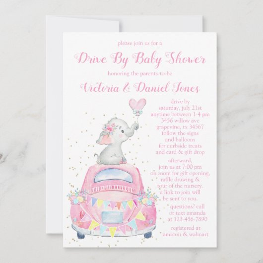 女の子の水の色の象の車のベビーシャワーでドライブ 招待状 (正面)