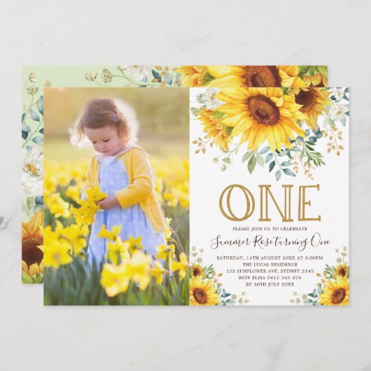 女の子の水彩ひまわり1歳誕生日写真 招待状 (正面/裏面)