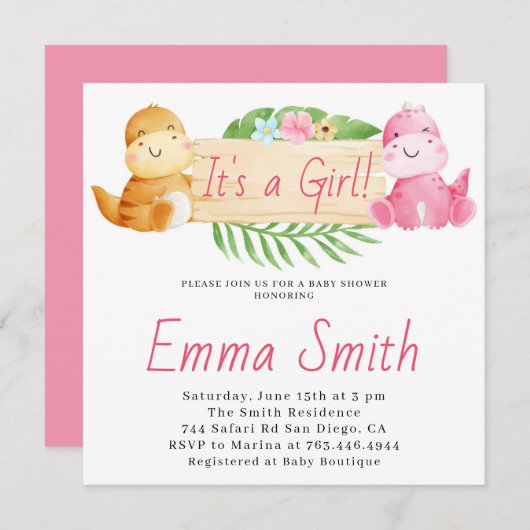 女の子の水彩恐竜のベビーシャワー 招待状 (正面/裏面)