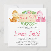 女の子の水彩恐竜のベビーシャワー 招待状 (正面)