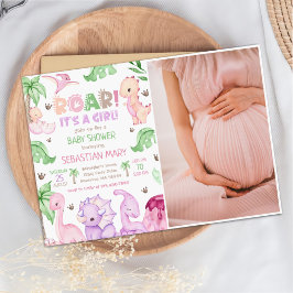 女の子の水彩恐竜の赤ちゃんシャワー写真 招待状